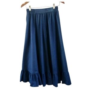 Vintage Mr Stan USA Blue Denim Ruffle Hem Pull On Midi Skirt Prairie Size 14